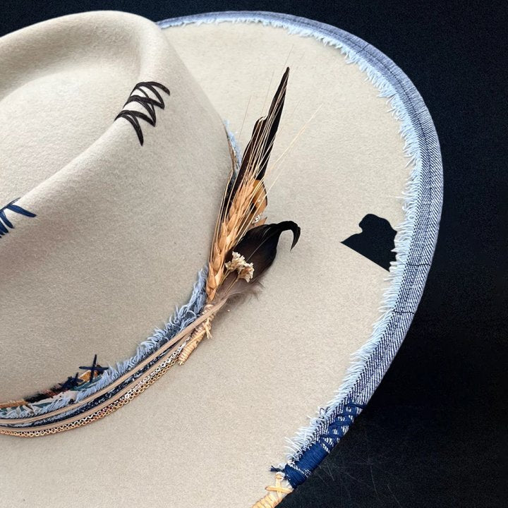 City Slicker Fedora in Beige with Feather Blue Patchwork and Band - Image 4