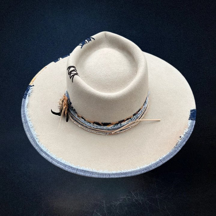 City Slicker Fedora in Beige with Feather Blue Patchwork and Band - Image 3
