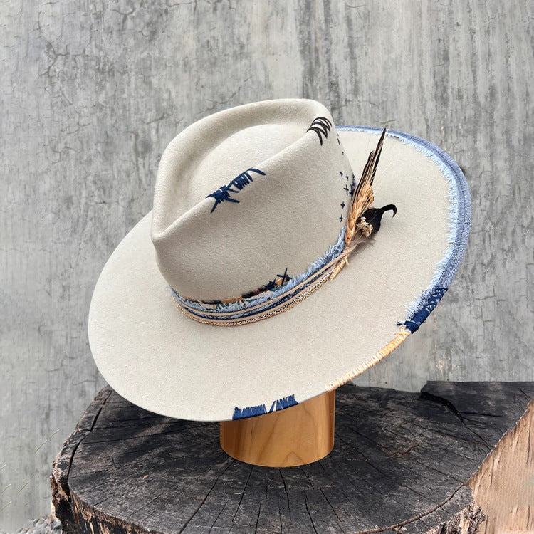 City Slicker Fedora in Beige with Feather Blue Patchwork and Band