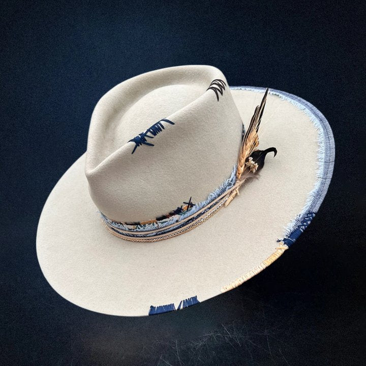 City Slicker Fedora in Beige with Feather Blue Patchwork and Band - Image 5