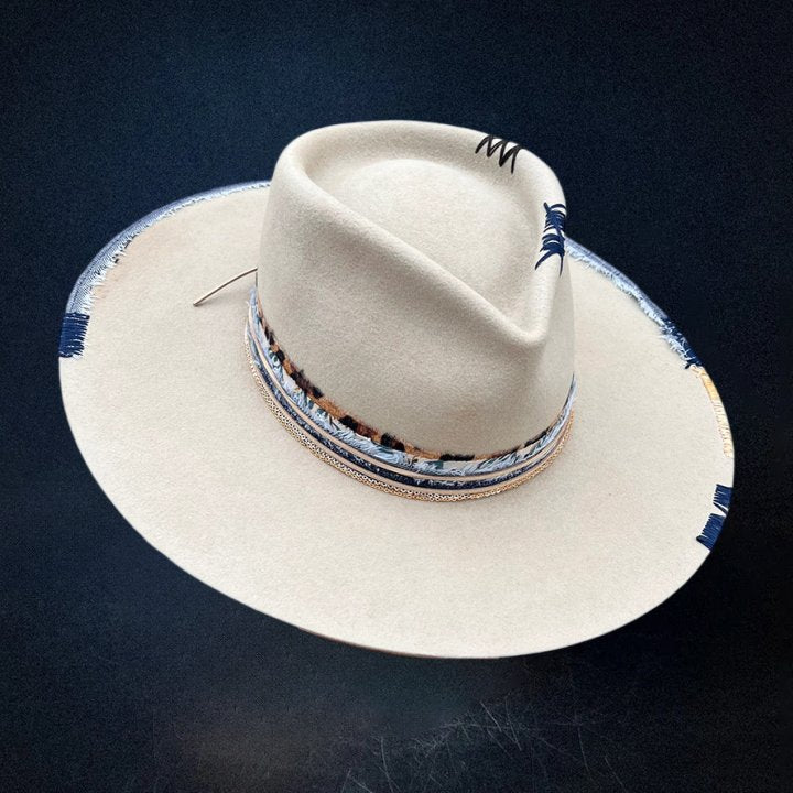 City Slicker Fedora in Beige with Feather Blue Patchwork and Band - Image 2