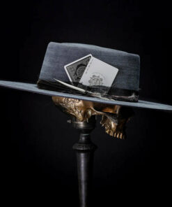 Distressed Fedora with Black Poker Card Insert Featuring Ace of Spades  Adorned with Gold Text and Design