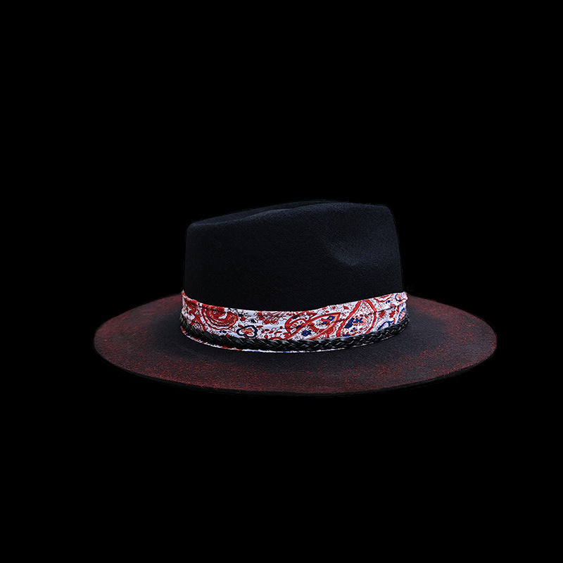 Distressed Fedora with Red and White Patterned Band - Image 8