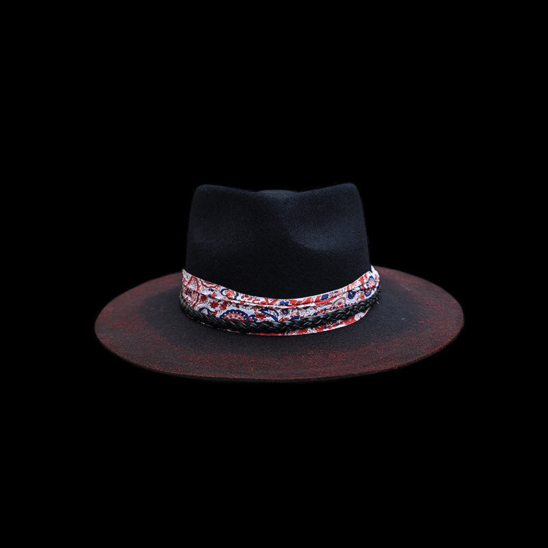 Distressed Fedora with Red and White Patterned Band - Image 7
