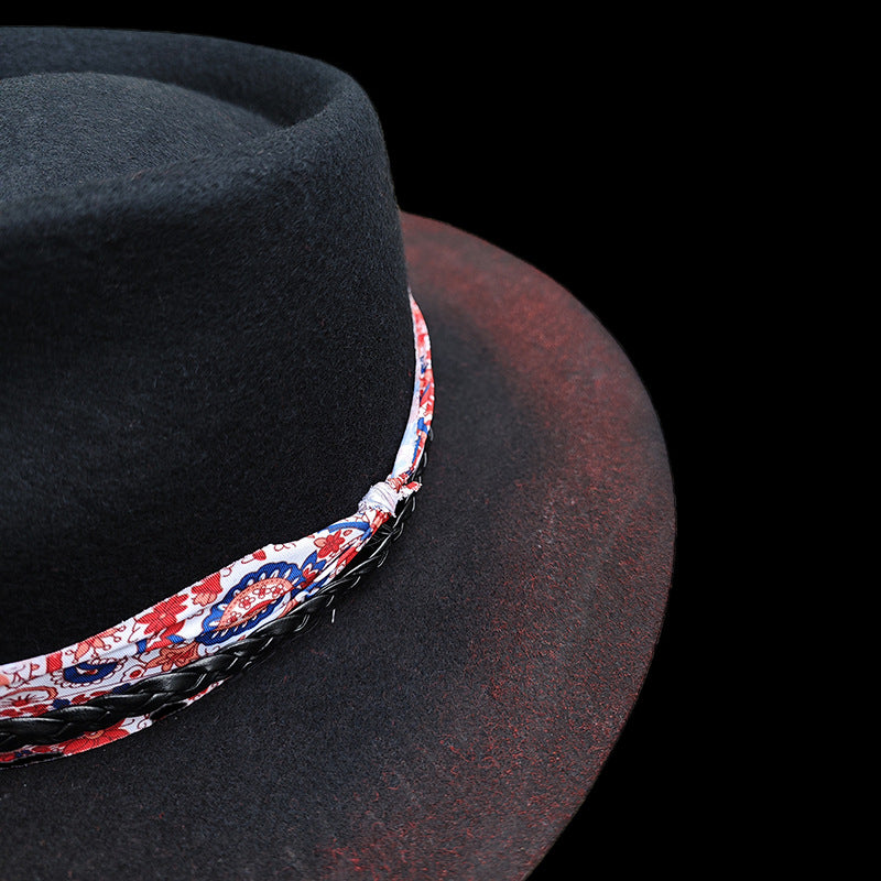 Distressed Fedora with Red and White Patterned Band - Image 3