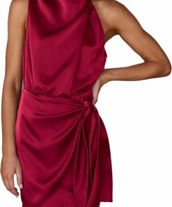 Red Mock Neck Tie Waist Dress ZO25