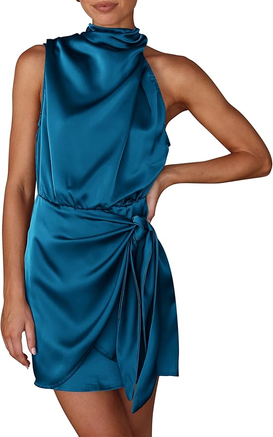 Satin Mock Neck Tie Waist Dress ZO24