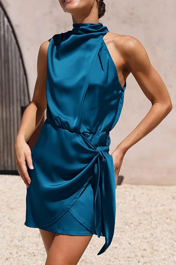 Satin Mock Neck Tie Waist Dress ZO24 - Image 2