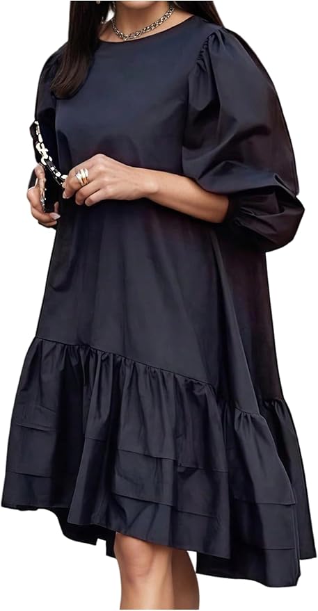 Black Puff Sleeve Peplum Dress ZO72