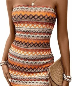 Women's Boho Striped Mini Tube Strapless Dress ZO108