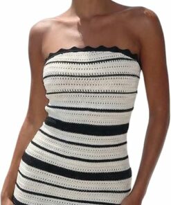 Women's Crochet Striped Strapless Mini Dress ZO107