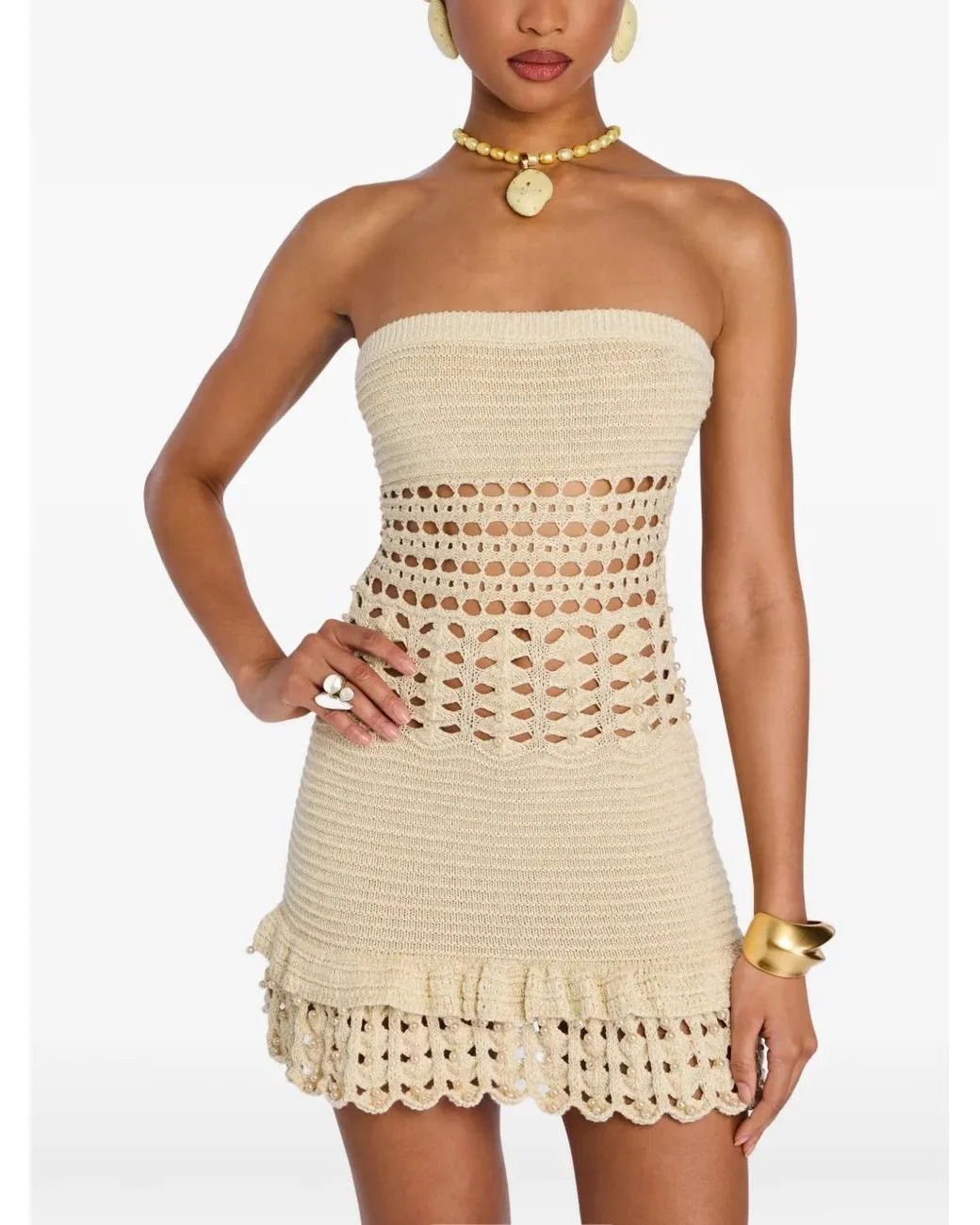 Women's White Vali Metallic Crochet Pearl Dress ZO133